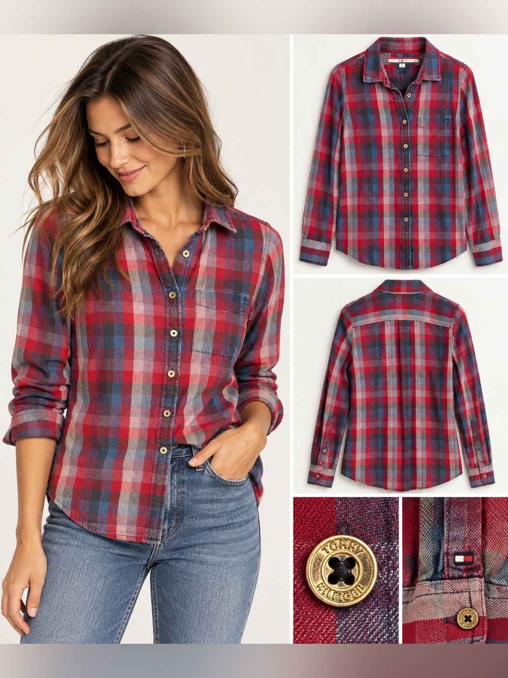 Tommy Hilfiger Plaid Cotton Button Down Shirt Red Navy S